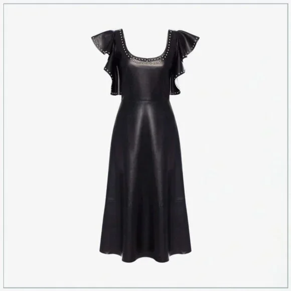 $8990 Alexander McQueen Studded Trim Lamb Leather Ruffle Runway Midi Dress - Picture 2 of 11